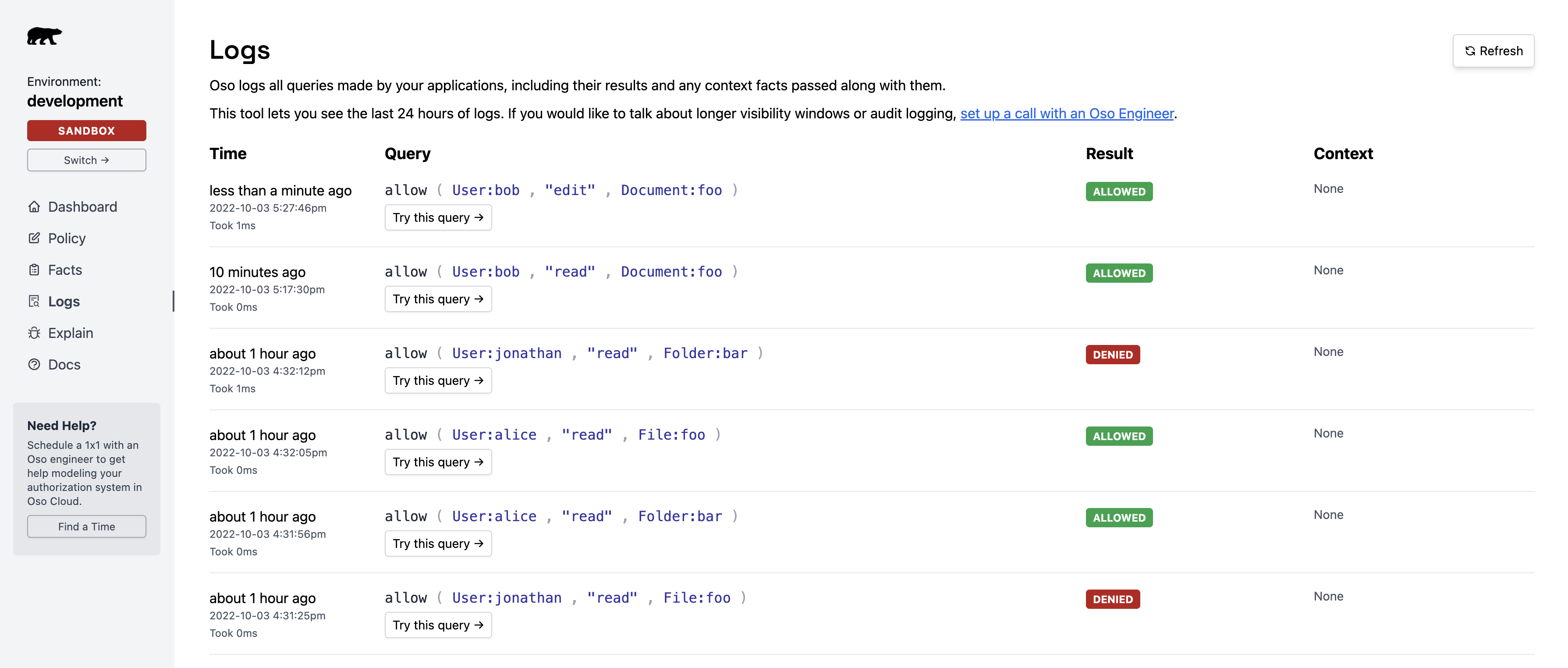 View of the logs page in Oso Cloud dashboard, indicating Bob can edit the document Foo